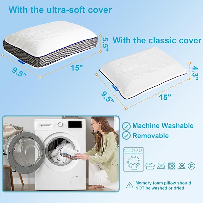 Camping Pillow Dual-Cover Memory Foam Pillows for Travel with Height Extender - 5 Layers Firm Support Small and Portable Camping Pillow for Sleeping (15'' × 9.5'',White)