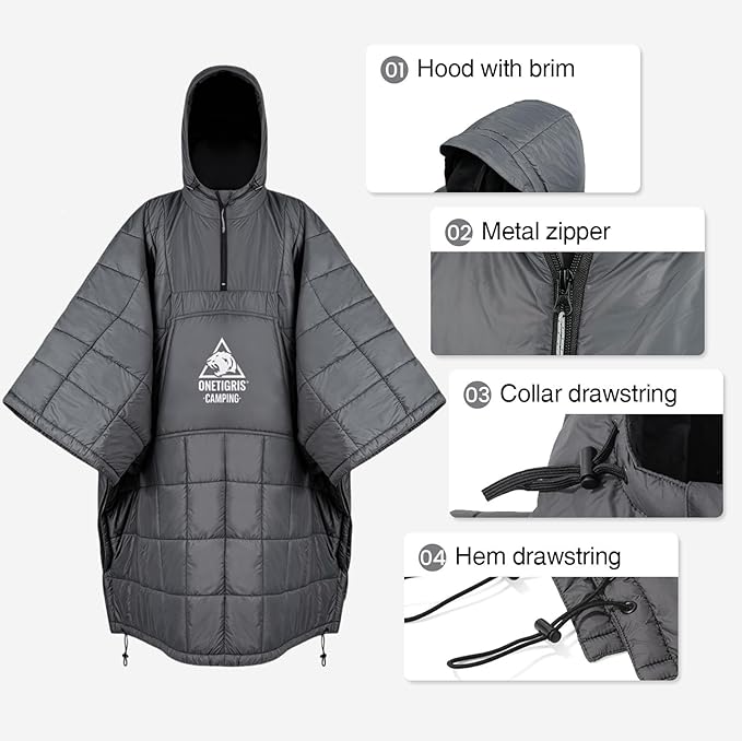 OneTigris Camping Blanket Honcho Poncho with 3M Thinsulate Insulation,Wearable Sleeping Bag Poncho for Camping Large Ultralight Water-Resisitant Warm Wearable Blanket for Outdoor Camping,Hiking