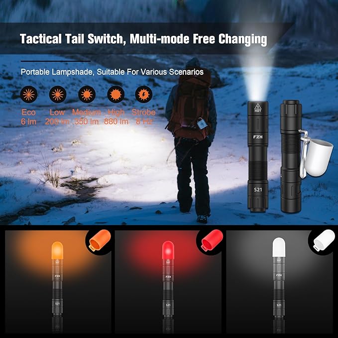 FZH S21 Rechargeable LED Flashlight 880 Lumen Mini EDC Tail Switch Flashlight (Powered by USB Rechargeable Battery), Slim Pocket Flash Light with On/Off Locking Mode for Camping, Outdoor, Emergency