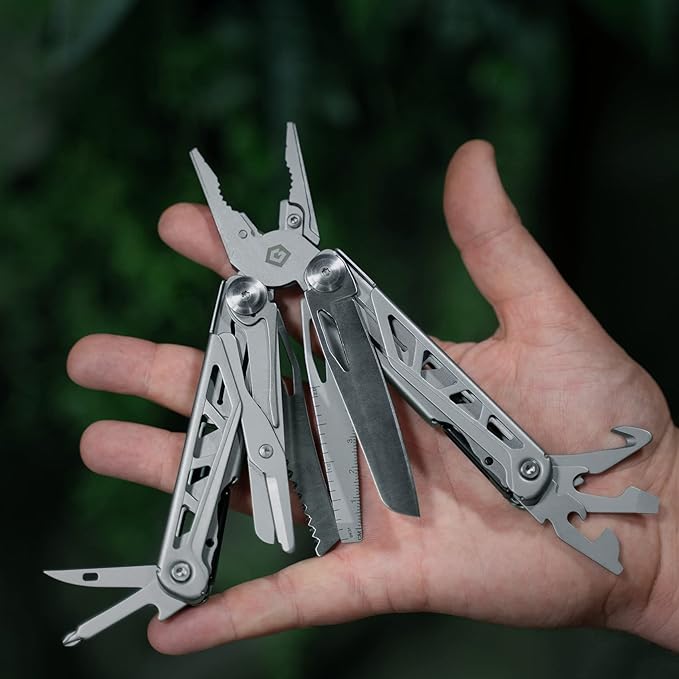 GRITR 13-in-1 Stainless Steel EDC Multitool w/Nylon Sheath - Outdoor Tool w/Needle Nose Pliers, Pocket Knife, Scissors, Bottle Opener, Cutters - Camping Hunting Survival Emergency Gear