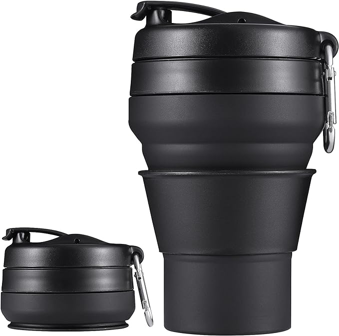 Collapsible Travel Cup, 20 OZ 600ml Silicone Folding Camping Cup, Leak Proof BPA Free Portable Cup, Sport Bottle with Lids for hiking (Black)