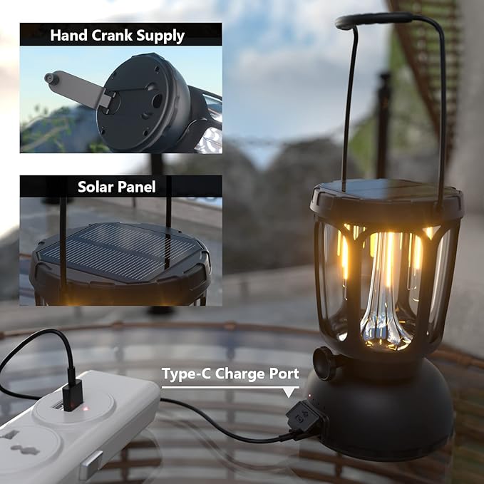 650LM LED Camping Lantern with 6000mAh 10-200hrs Battery Life, Hand Crank /Solar Powered /Type-C Rechargeable for Power Outages, Warm/Cold Light Stepless Dimmable 650 Lumen,(1 Pack)…