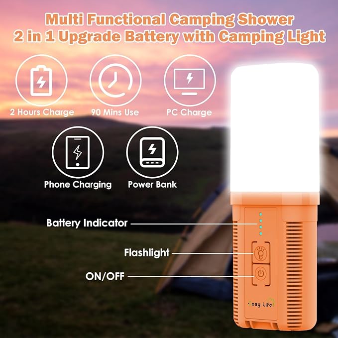 Portable Shower for Camping, Rechargeable Camping Shower Pump with 5 Gallons Collapsible Bucket & LED Light, Electric Outdoor Camp Shower Portable Shower Pump Camping Hiking (5.9 ft Hose)