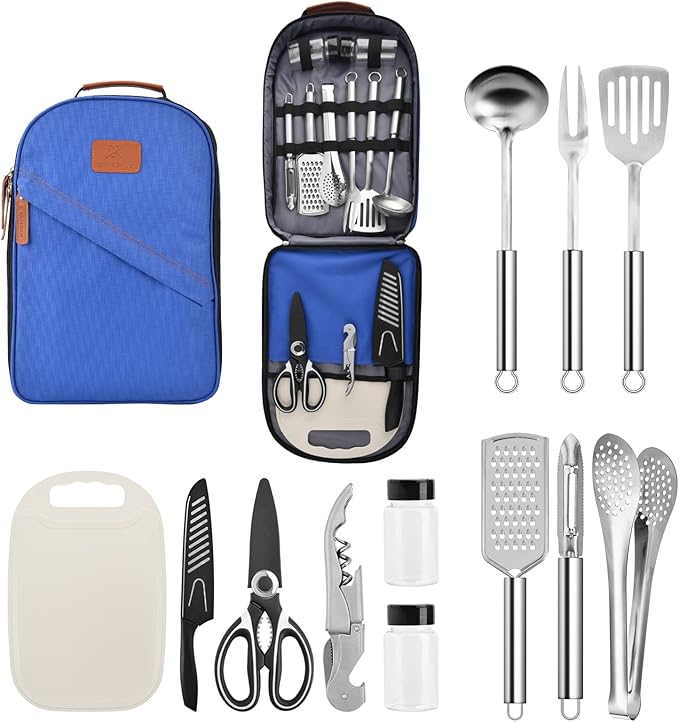 Extremus 13 Pcs Camp Kitchen Cooking Utensil Set Cookware Kit - Travel Organizer Grill Accessories Portable Compact Gear for Backpacking BBQ Camping Travel,Camping Accessories,Blue