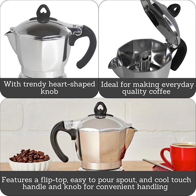 Imusa 6 Cup Stovetop Espresso Maker with Heart Shaped Knob, Silver