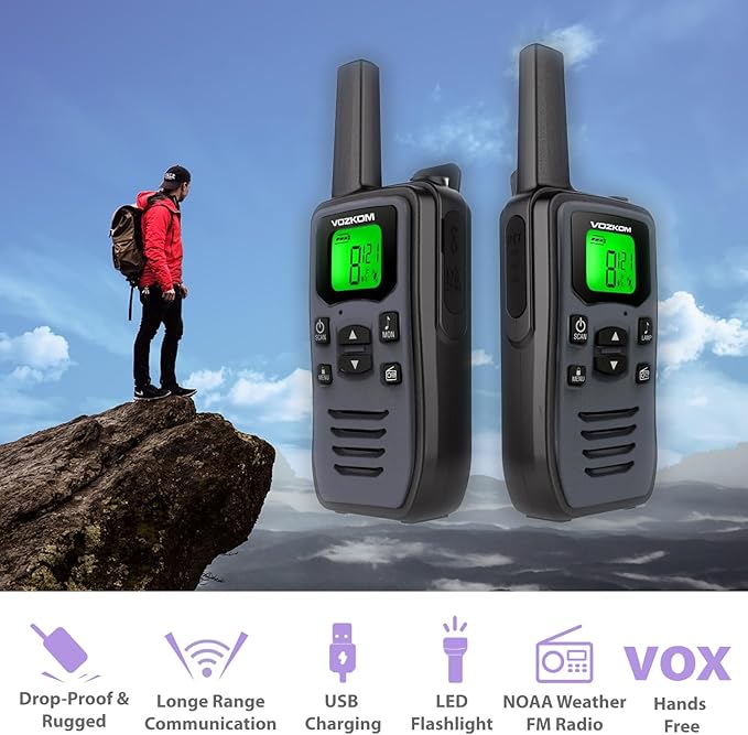 Long Range Gray Walkie talkies, 2 Way Radio Rechargeable, Camping Walky Talky for Adults, Survial Kits and Equipment, 50 Channel 142 Privacy Codes, & NOAA Weather Scan