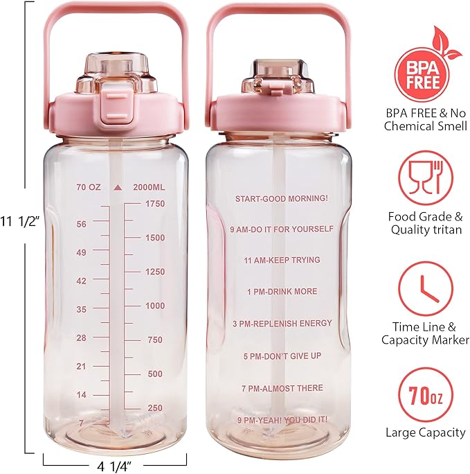 64oz Half Gallon Water Bottle With Sleeve, Water Bottles with Time Marker/Straw/Chug One Lids, Leakproof Tritan BPA Free Reusable Water Jug Easy Carry for Adult and Kids Gym Sports Outdoors