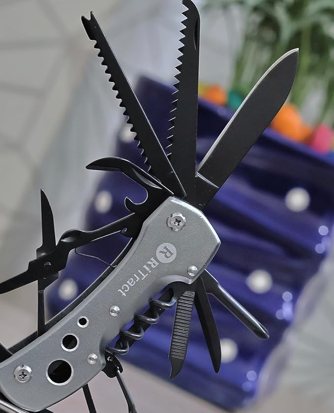 DWELLING Multi Utility Tools 15 in 1 Multitools All in One Pocket Size Tool Multi-Purpose Swiss Army Multiutility Toolkit Set - Silver Black