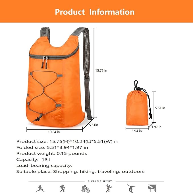 16L Hiking-Daypack Lightweight-Foldable Travel-Backpack Water-Resistant Camping Outdoor Packable Easy Carry-on Bag (Orange)