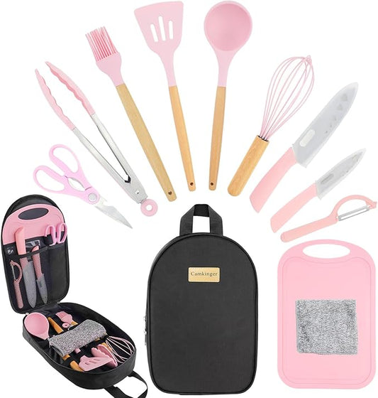 12PCS Camping Accessories Kitchen Cooking Utensils Set - Portable Outdoor Camp Cookware Set, Silicone Camper Essentials Gear Must Have Supplies for Travel RV BBQ Grill Picnic Hiking
