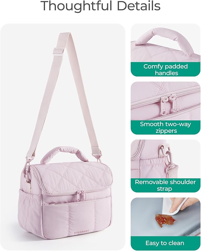 BAGSMART Insulated Lunch Bags for Women, Cute Quilted Lunch Box, Lightweight Puffy Padded Waterproof Lunch Tote, Reusable Lunch Cooler for Work Picnic Travel, Black