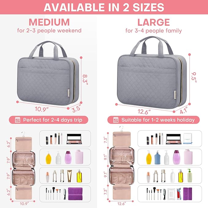 Travel Size Toiletry Bag for Women, Portable Cosmetic Bag with Hanging Hook, Travel Essentials Water-resistant Makeup Organizer for Accessories, Shampoo, Full-size Container, Toiletries