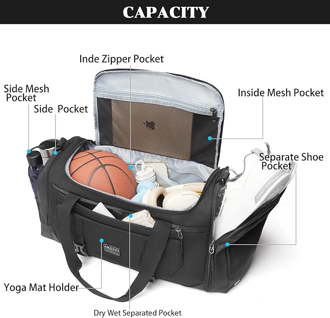 Gym Bags For Men & Women With Shoes Compartment And Wet Pocket, Sports Duffle Bag, Workout Bags For Gym Swimming Yoga,Waterproof Weekend Overnight Carry On Bag A-TG-001-Black