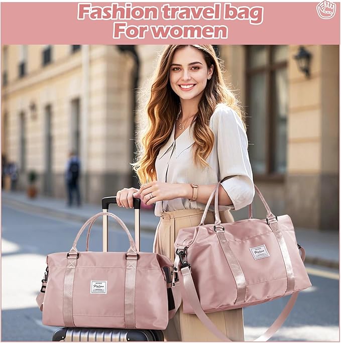 Pink Gym Bag with Wet Pocket, Foldable Travel Duffle Bag Carry On Weekender Bags for Women, Waterproof Overnight Bag for Travel, Gym, Yoga
