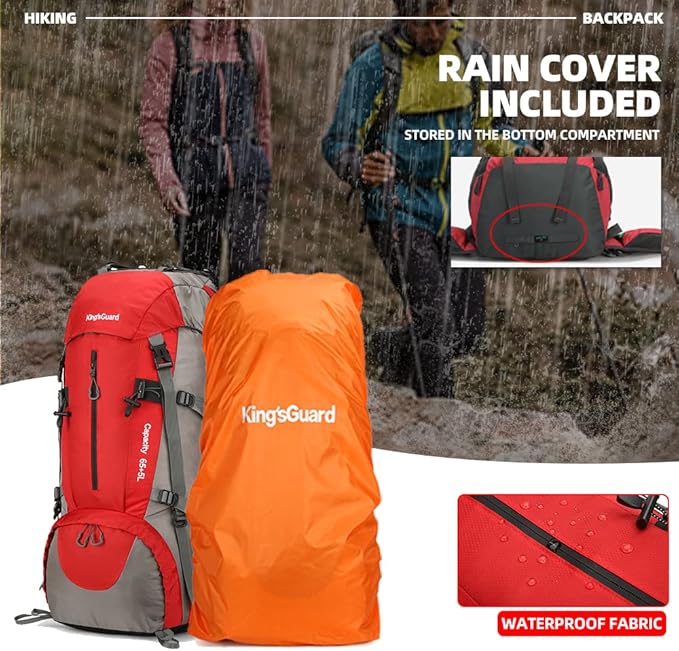 King'sGuard 70L Hiking Backpack Large Lightweight Waterproof Camping Backpack Travel Backpacking Backpack Daypack with Rain Cover -Frameless (Red)