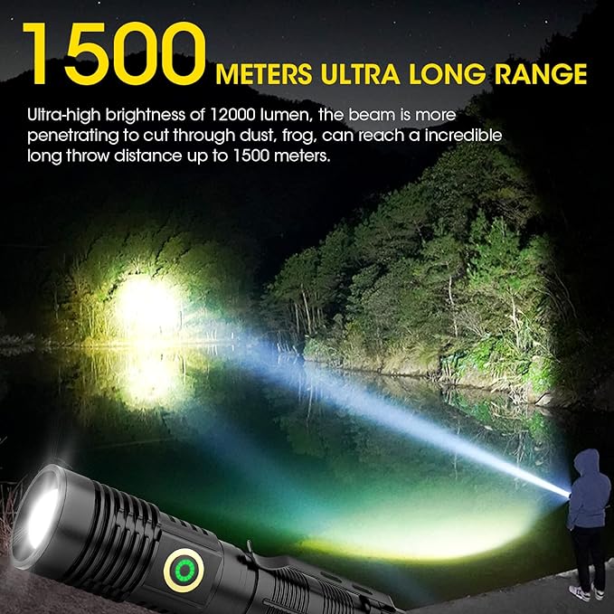 Rechargeable Flashlight High Lumens, 12000 High Lumens Super Bright Magnetic Flash Light, 1500 Meter Long-Range Zoomable LED Flashlights for Emergency, Searching, Waterproof Flashlight Dimmable