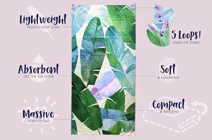 Microfiber Beach Towel & Bag. Lightweight, Compact & Quick-Dry. For Travel, the Beach, Pool, Gym, Yoga & Camping. Extra Large (71x35.5), Tropical Leaves