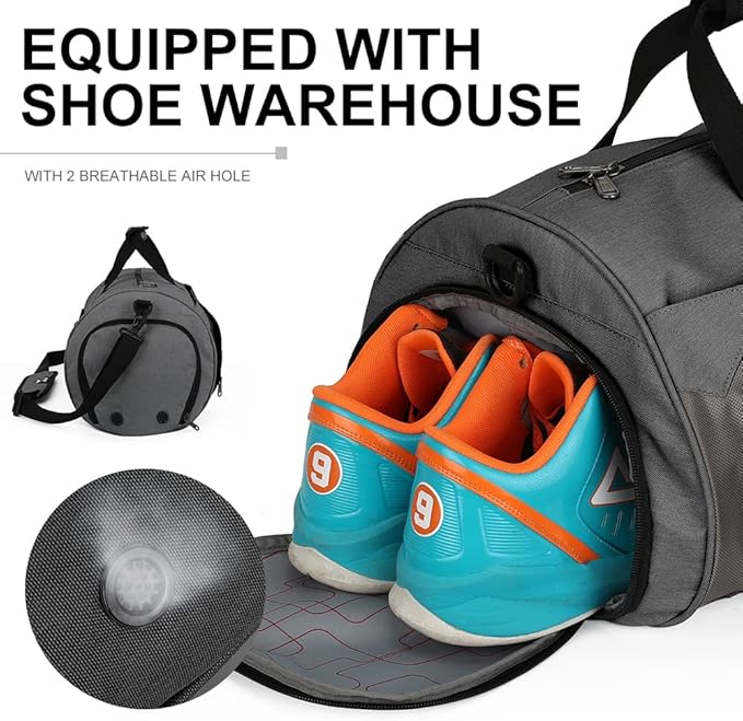 INOXTO Small Sports Gym Bag,Travel Duffel Bag with Dry Wet Pocket and Shoes Compartment for Women and Men,35L Waterproof Weekender Fitness bag For Swim Sports Travel Working Out (dark grey 2)