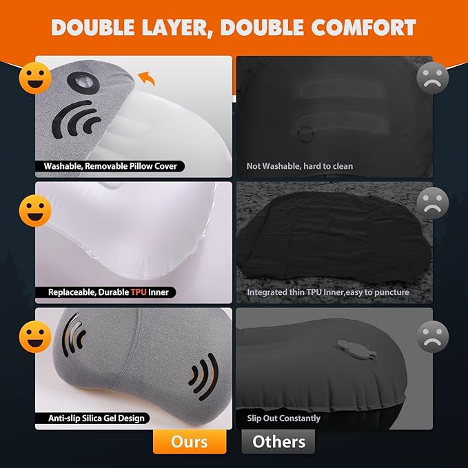 Hikenture Camping Pillow, Inflatable Air Pillow with Removable Cover, Backpacking Pillow for Sleeping, Ultralight Blow Up Pillows, Portable&Compact Hiking Pillow for Beach, Travel, Outdoor(Grey)