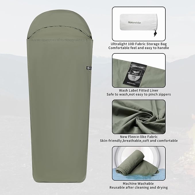 Naturehike 4.5oz Ultralight Washable Sleeping Bag Liner, Lightweight Adult Sleep Sack & Travel Sheets for Backpacking, Hotel, Camping, Hostels, ZY20