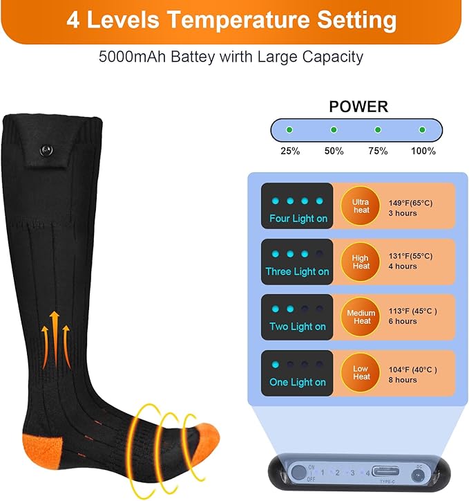 Heated Socks, Heated Socks for Women Men, 5000mAh Rechargeable Electric Heated Socks Up to 8 Hours, Washable Winter Warm Socks for Outdoors Work Fishing Hunting Skiing Cycling Hiking Camping