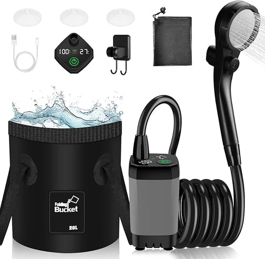 Portable Shower, Portable Shower for Camping with 5 Gallon Collapsible Bucket, 6000mAH Camping Shower with Smart LED Display, Multiple Spray Patterns for Outdoor Camping, Hiking, Pet Bathing