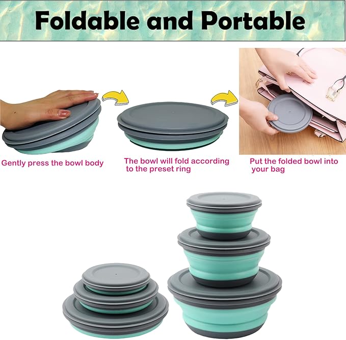RMAMSCOV Camping Bowl, 3 PCS Food Grade Silicone Collapsible Bowl Lunch Box Salad Bowl with Lid, Expandable Food Storage Containers Set with Free folding tableware and storage bag (Blue)