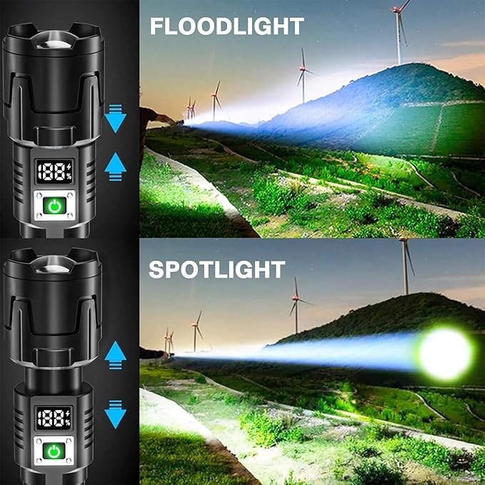 Rechargeable High Lumen LED Flashlight, 90,000 Lumens with Zoom, 3 Modes, IPX6 Water Resistant, Powerful Handheld Flashlight for Emergencies, Camping and Hiking