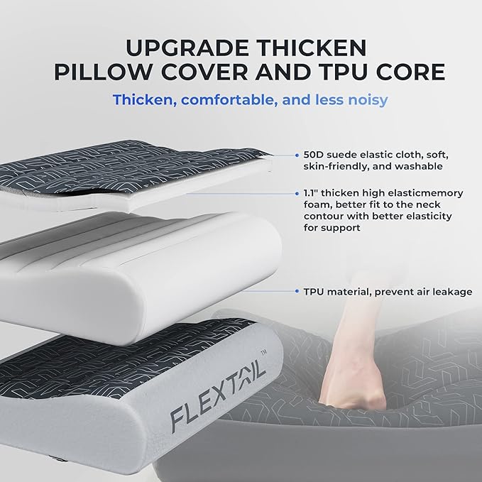 FLEXTAILGEAR Inflatable Camping Pillow Ergonomic Thicken Design, Portable Neck Cervical Travel Pillow Backpacking Gear with Washable Cover for Camping, Hiking, Airplane, Road Trip, Office