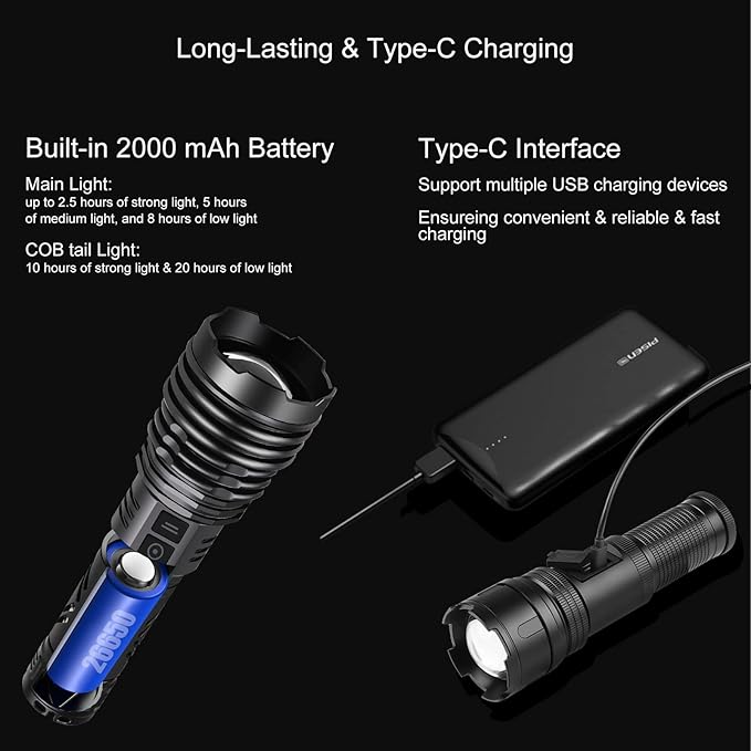 Multifunctional Rechargeable Flashlights High Lumens, 2-in-1 Super Bright Flashlight & Camping Lights, Waterproof Tactical Flashlights with Zoomable, 4+6 Modes for Camping, Hiking, Emergencies