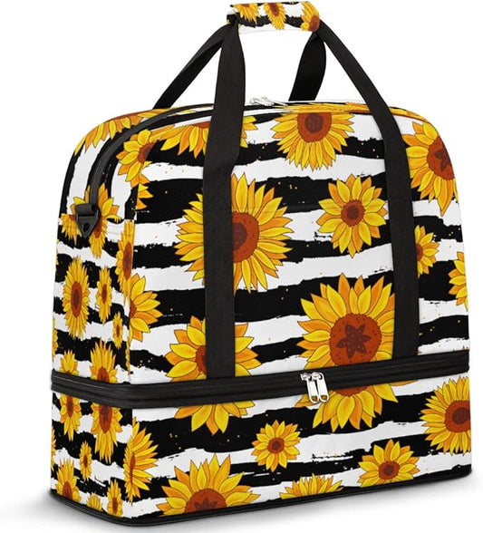 Sunflower Flower Stripe Foldable Travel Duffel Bag Sports Tote Gym Bag With Shoe Compartment For Woman Man Carry On Luggage Overnight Travel Weekend Yoga Workout Bag Training Handbag