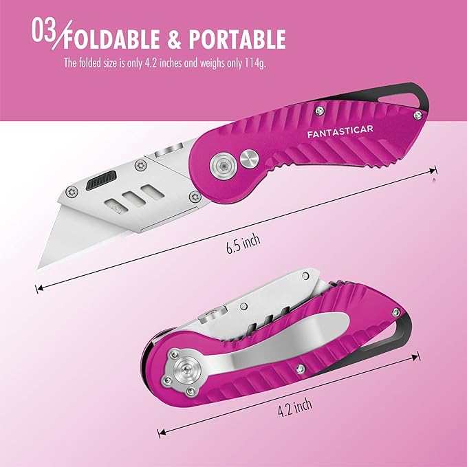 FantastiCAR Folding Utility Knife, Metal Box Cutter Body, with Safety Lock and 5 Extra Blades (Hot Pink)