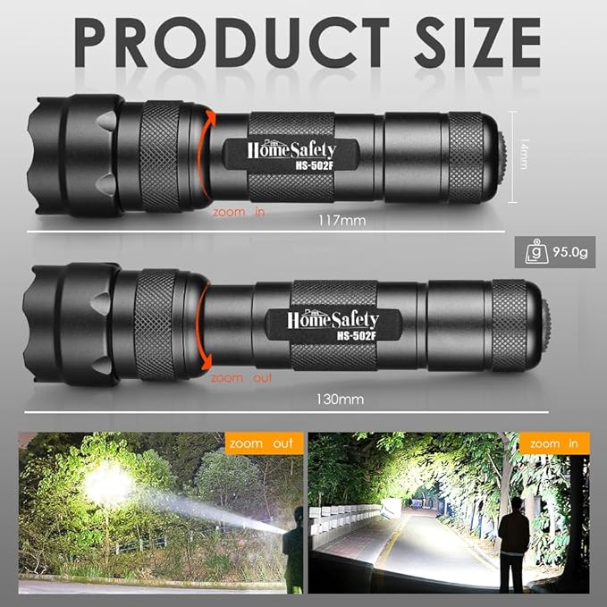 Home Safety 502F Small Tactical Flashlight with Holster, Single Mode Zoomable Pocket LED Flashlight High Lumen Duty Flash light, IPX65 Waterproof, EDC Flashlight for Camping, Hiking, Emergency