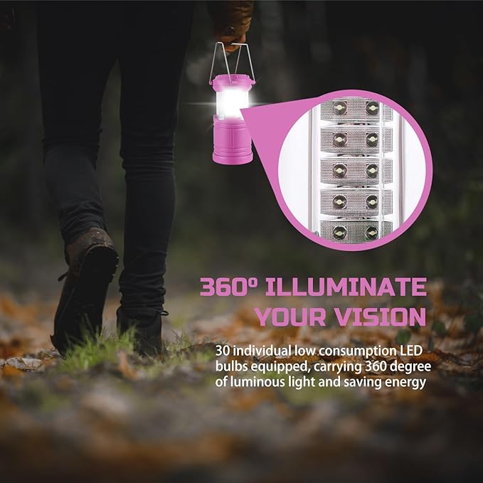 Lichamp 4 Pack Pink LED Camping Lanterns, Battery Powered Camping Lights LED Super Bright Collapsible Flashlight Portable Emergency Supplies Kit, A4PK