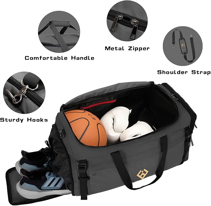 Eackrola Extra Large Sports Gym Bag, Travel Duffel bag with Wet Pocket & Shoes Compartment for men women, 85L, Lightweight (Gray)