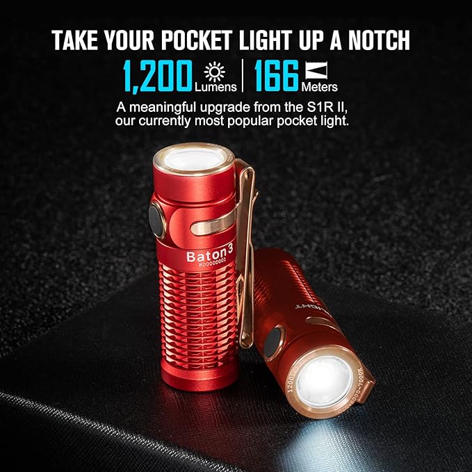 OLIGHT Baton3 1200 Lumens Ultra-Compact Rechargeable EDC Flashlight, Powered by Rechargeable Battery for Household Search, Outdoor Camping, Hiking and Mountaineering (Red)