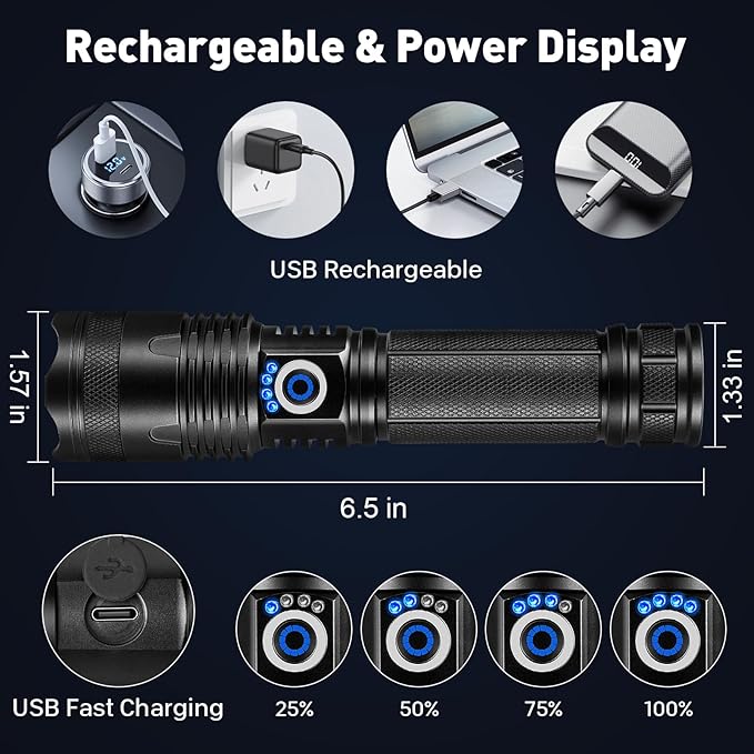 Rechargeable LED Flashlights High Lumens, 900000 Lumens Super Bright Flashlight with 5 Modes IPX6 Waterproof, Powerful Handheld Flashlight for Camping Emergencies Hiking