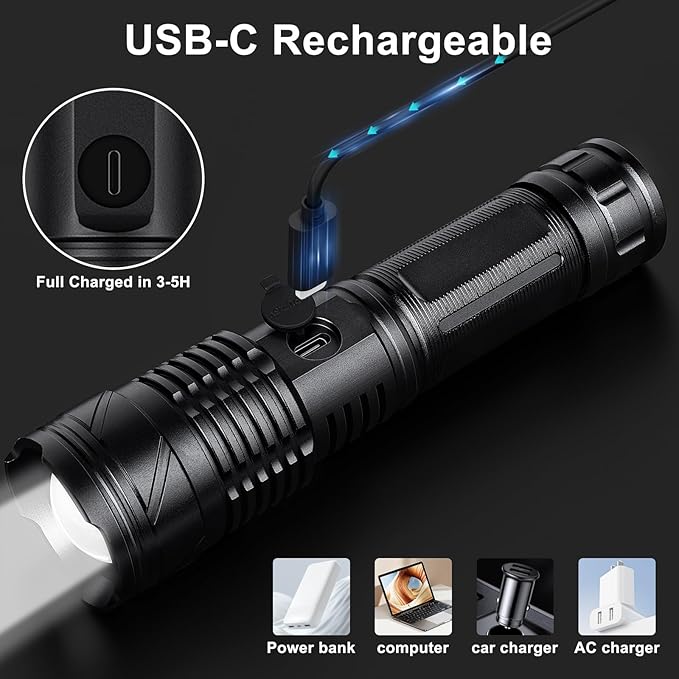 LED Flashlights High Lumens Rechargeable, 980,000 Lumens Super Bright Tactical Flashlight Powerful Flash Light with 5 Modes, 12H Running Time, IPX6 Waterproof Flashlight for Home Emergency