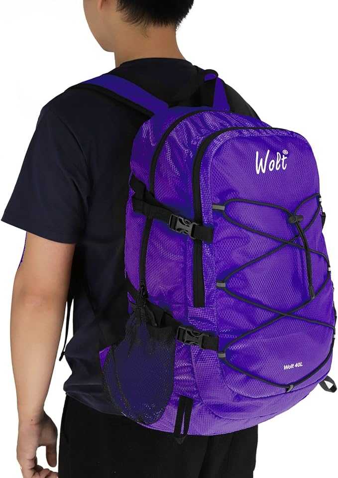 WOLT 40L Packable Travel Backpack, Foldable Lightweight Backpack for Men Women,Waterproof Hiking Bag for Outdoor Camping (Purple)