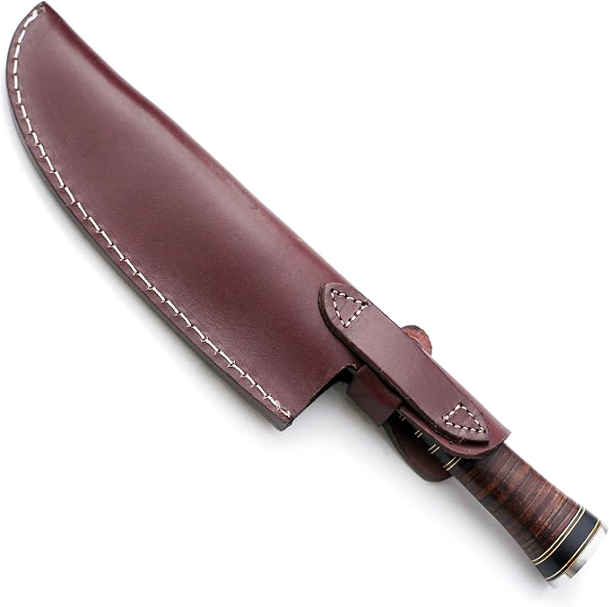 GCS Handmade Stacked Leather Handle D2 Tool Steel Chef Knife with leather Buffalo Hide Sheath 130