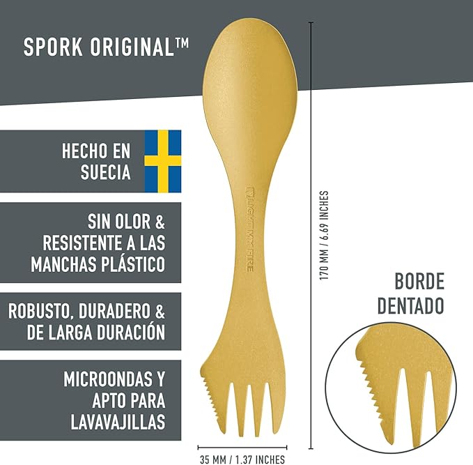 Light My Fire Spork Original 3-in-1 Camping Spoon Fork Knife Combo Reusable Travel & Camping Utensils Lunch Spork Outdoor Backpacking Hiking Picnic Utensil BPA Free, 2-Pack Yellow/Blue