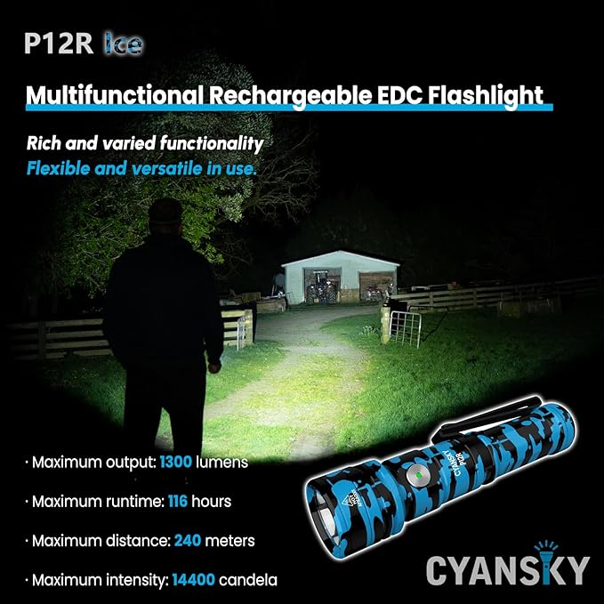 CYANSKY Rechargeable Flashlight,Super Bright,Flashlights High Lumens, Small EDC Flashlights for Emergencies,IP68 Waterproof Flash Light for Camping,Hiking,Outdoor,Home (Ice)