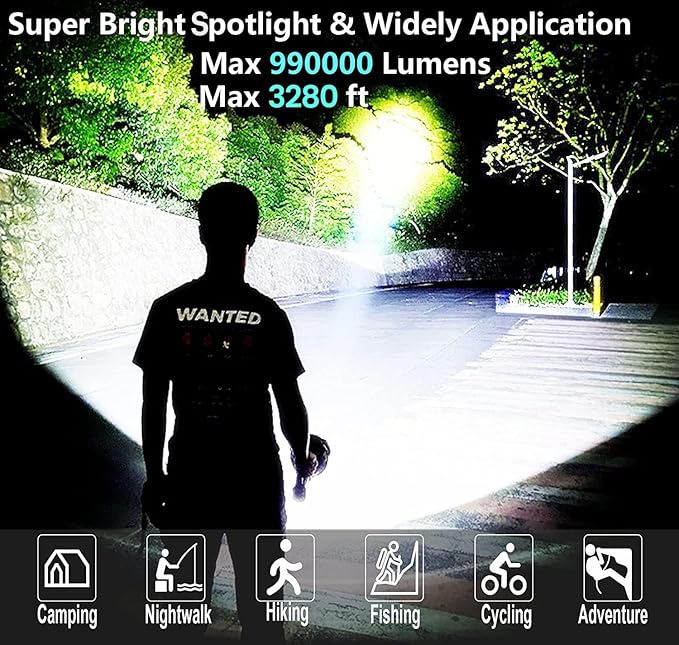 Rechargeable Spotlight Outdoor, 990000 Lumens Super Bright Led Spot lights Flashlight with 4 Modes & Foldable Tripod, 8000 ɱAh Large Handheld Searchlight Long Lasting for Camping Hunting Boating
