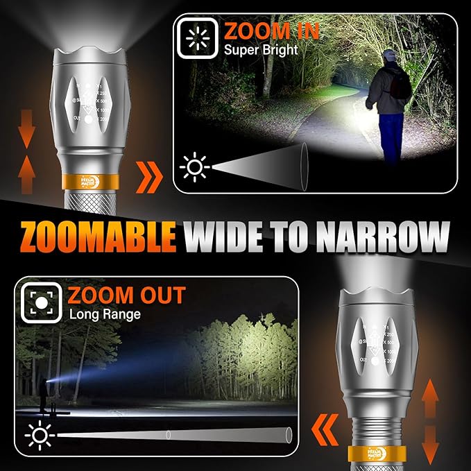 2 Pack LED Flashlights High Lumens with 6 AAA Batteries, 5 Modes Mini Waterproof Tactical Flashlight for Camping Hiking, Bright Flashlight with Zoomable, Fathers Day Dad Gifts for Men, Silver & Orange