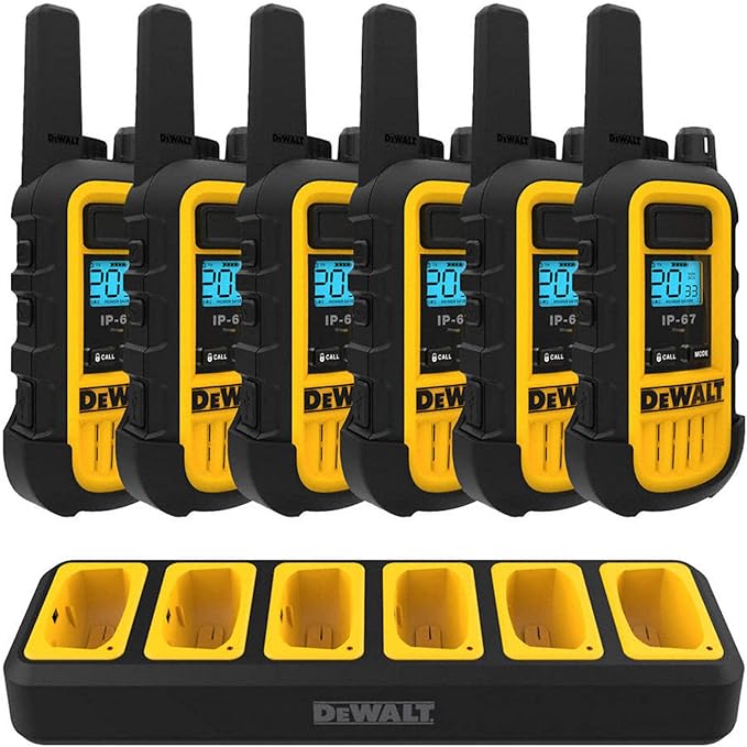 DEWALT DXFRS300 1 Watt Heavy Duty Walkie Talkies - Waterproof, Shock Resistant, Long Range & Rechargeable Two-Way Radio with VOX (6 Pack w/Gang Charger) (DXFRS300-BCH6)