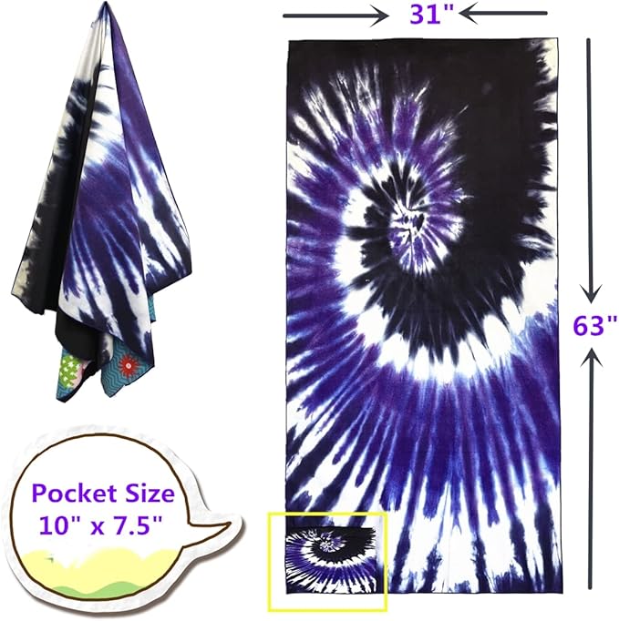 Microfiber Sand Free Beach Towel with Zipper Pocket ,Quick Fast Dry Oversized Lightweight Big Large Towels for Travel Pool Swimming Bath Camping Adult Women Men Tie Dye Beah Towel (tie dye purple)