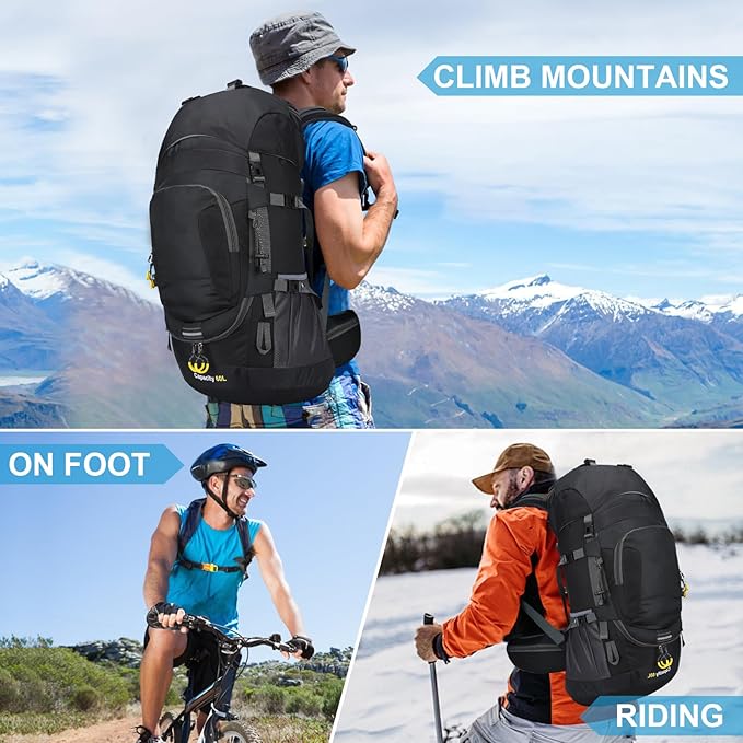 ShowyLive 60L Waterproof Hiking and Camping Backpack for Men - Durable, Lightweight Large Hiking Backpack with Rain Cover, Multi Compartments, and Adjustable Straps, Black