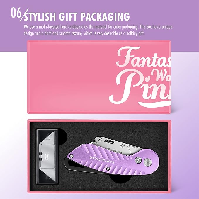 FantastiCAR Folding Utility Knife, Quick Blade Change Box Cutter, Anti-slip Metal Body, with Safety Lock and 5 Extra Blades (Purple)