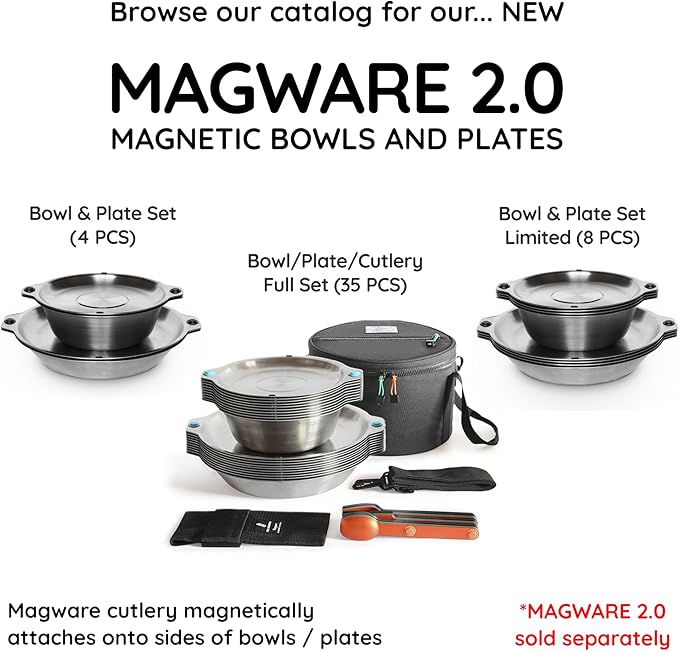 MAGWARE Magnetic Camping Utensils Set - Portable & Reusable Metal Travel Flatware with a Case for Camping, Picnic, Office & Kid's Lunchbox | Camping Cutlery Set | Knife, Fork & Spoon (3 PCS)