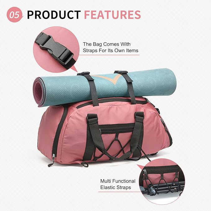Unisex Travel Duffle Bag for Men Women, Waterproof Gym Bag with Shoe Compartment & Football Compartment, 32L Carry on Bag for Sports & Fitness, Pink